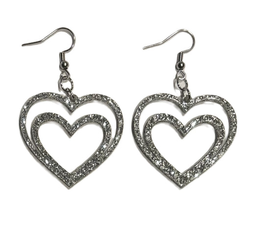 Double Heart Acrylic Earrings, Silver Glitter