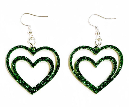 Double Heart Acrylic Earrings, Ivy Green Glitter