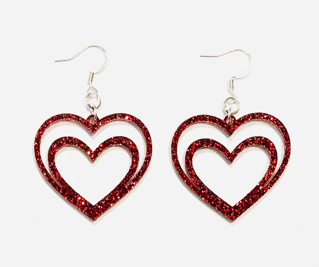 Double Heart Acrylic Earrings, Scarlet Red Glitter