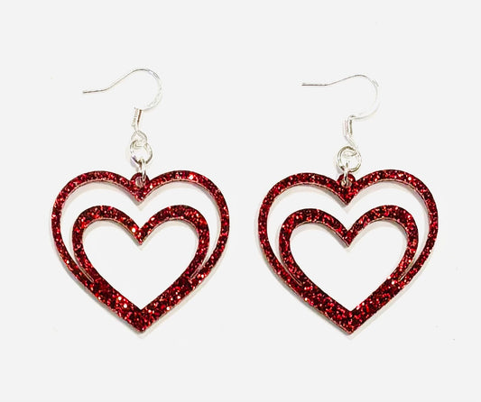 Double Heart Acrylic Earrings, Scarlet Red Glitter