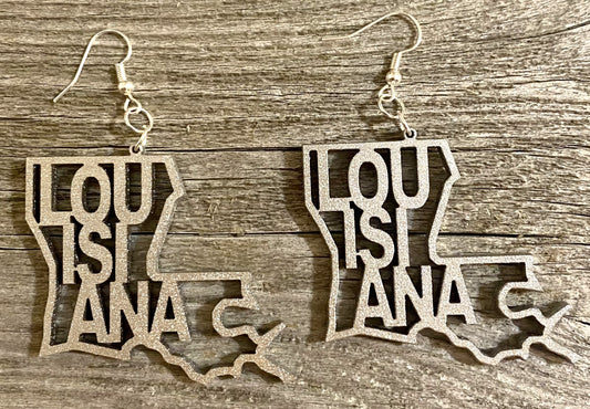 Louisiana Wood Earrings, Metallic Silver