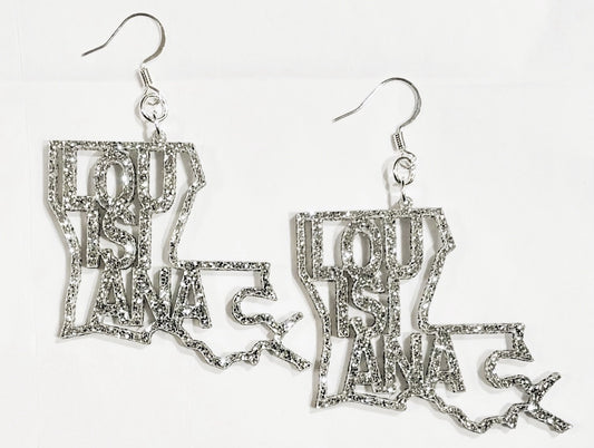 Louisiana Acrylic Earrings, Silver Glitter