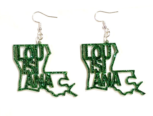 Louisiana Acrylic Earrings, Ivy Green Glitter