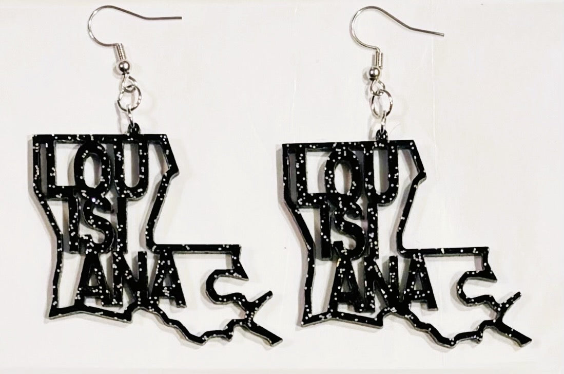 Louisiana Acrylic Earrings, Black Glitter