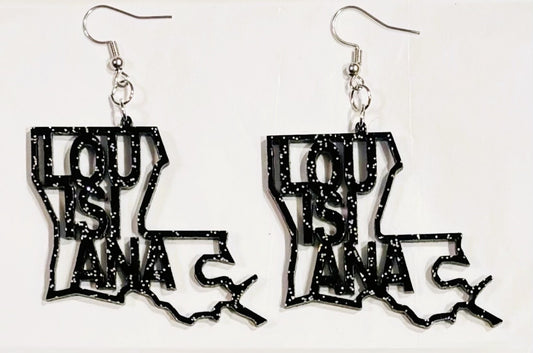 Louisiana Acrylic Earrings, Black Glitter