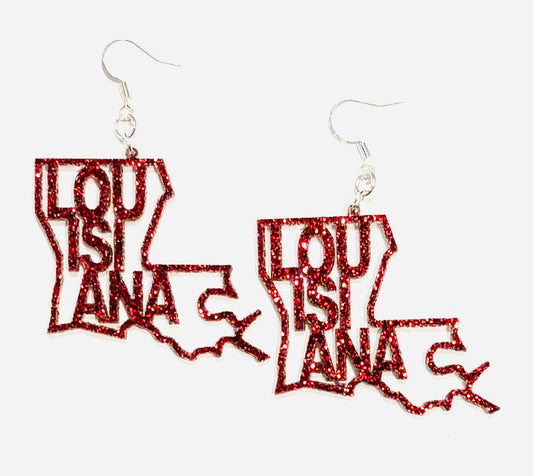 Louisiana Acrylic Earrings, Scarlet Red Glitter