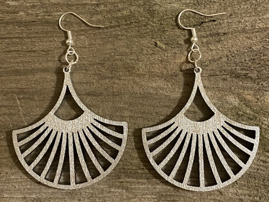 Fan Wood Earrings, Metallic Silver