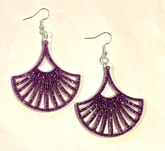 Fan Acrylic Earrings, Lavender Glitter