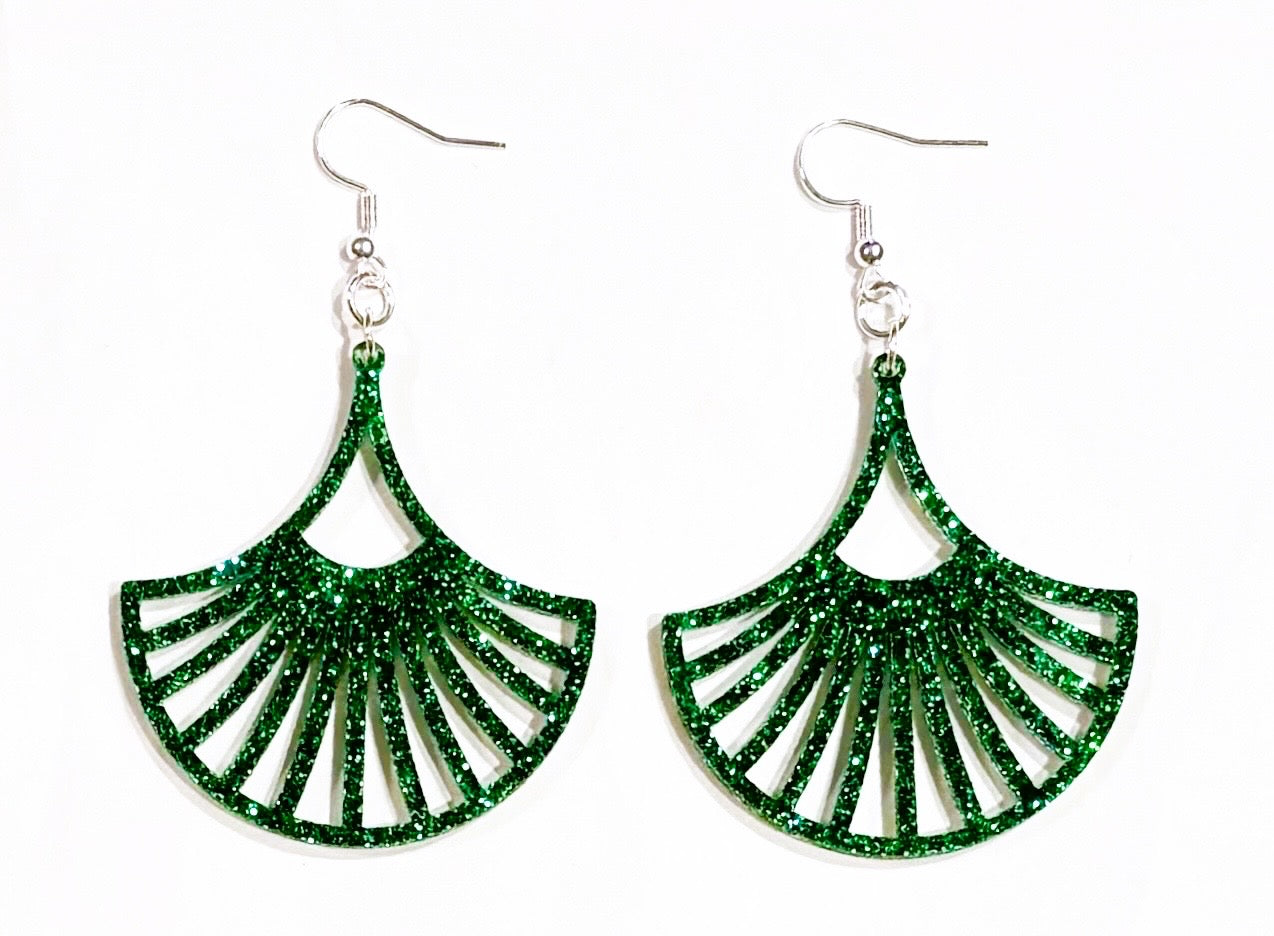 Fan Acrylic Earrings, Ivy Green Glitter