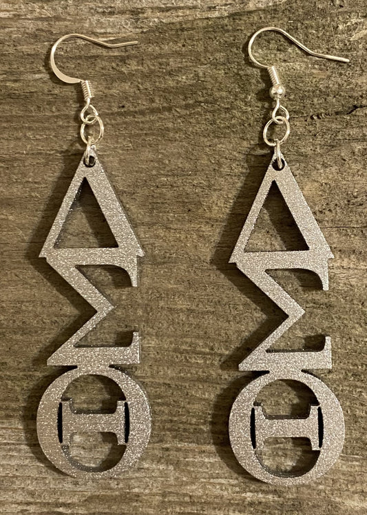 Delta Sigma Theta Wood Earrings, Metallic Silver