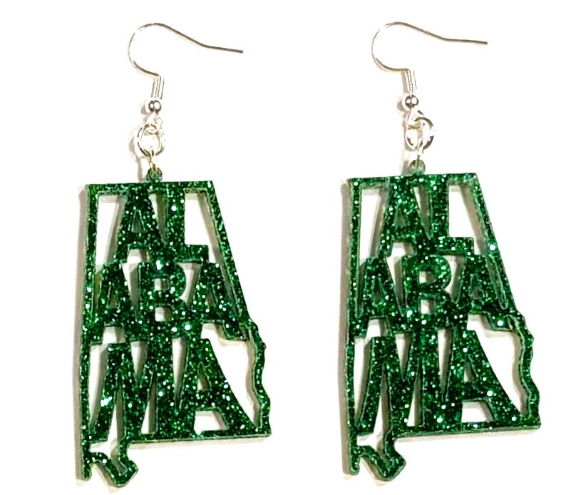 Alabama Acrylic Earrings, Ivy Green Glitter