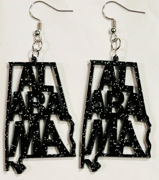 Alabama Acrylic Earrings, Black Glitter