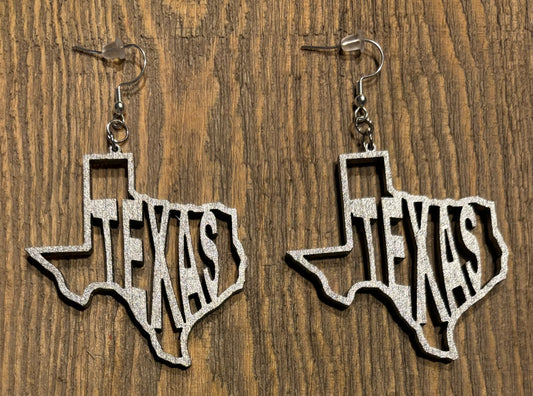 Texas Wood Earrings, Metallic Silver