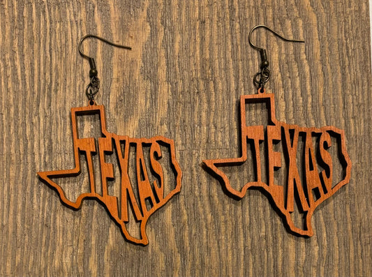 Texas Wood Earrings, Rustic Orange