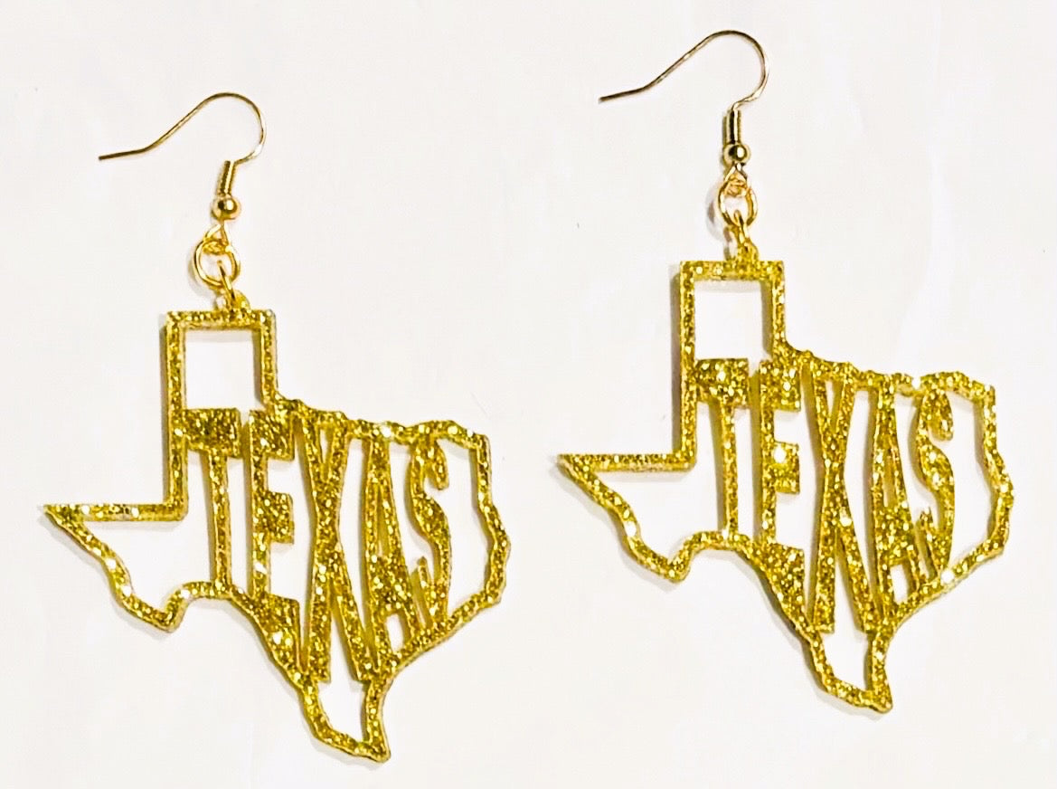 Texas Acrylic Earrings, Gold Glitter