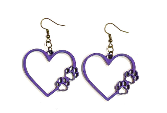 Heart w/Paws Wood Earrings, Grape