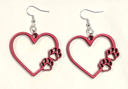 Heart w/Paws Wood Earrings, Pink