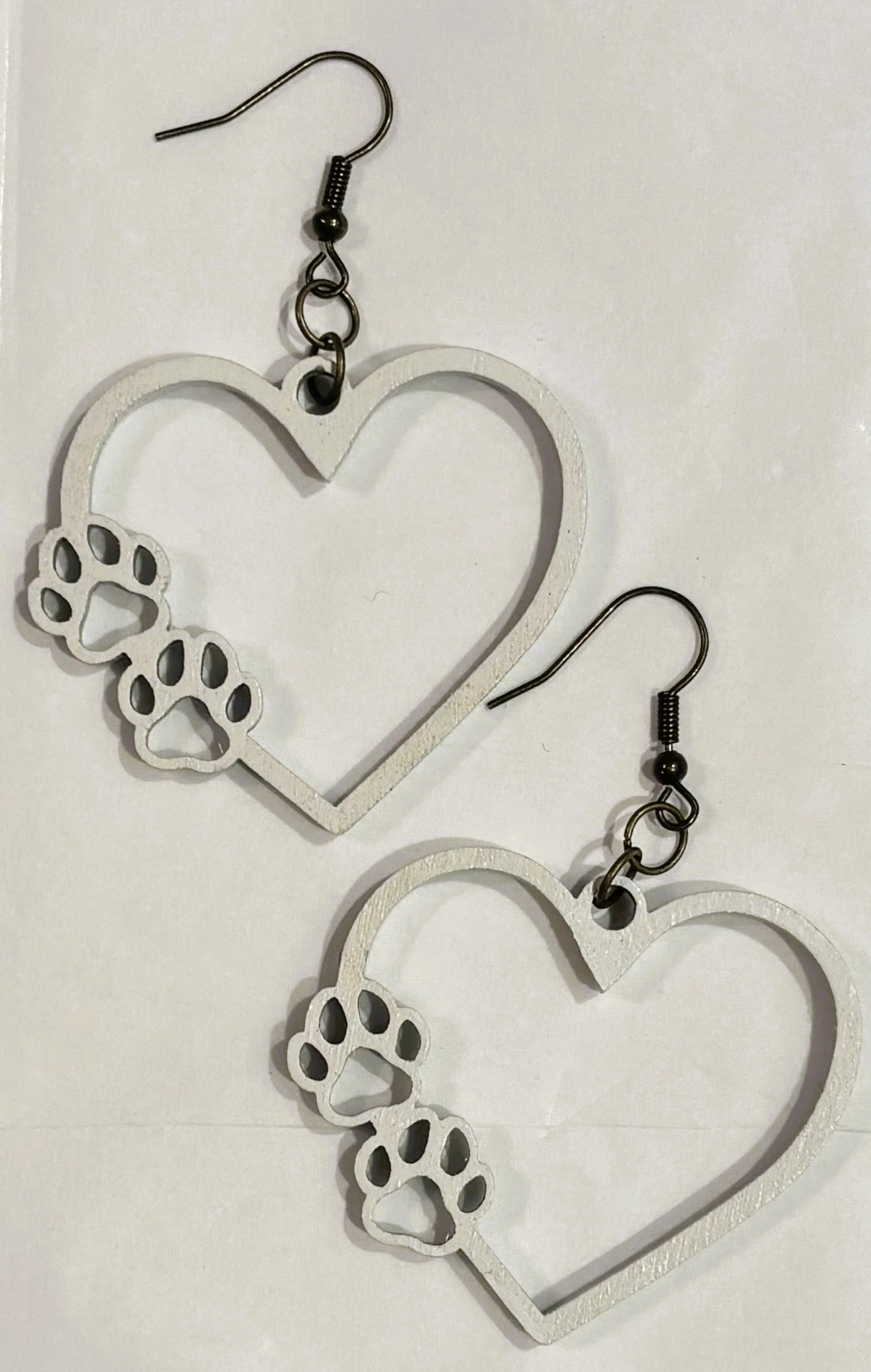 Heart w/Paws Wood Earrings, White