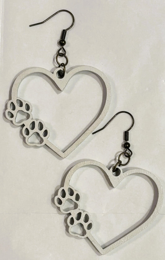 Heart w/Paws Wood Earrings, White