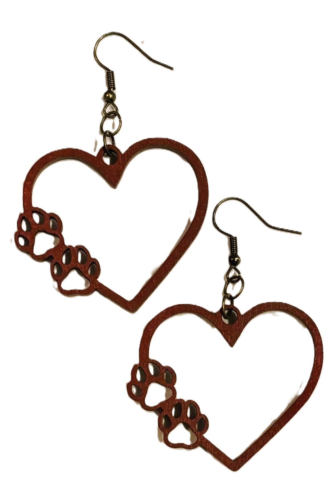 Heart w/Paws Wood Earrings, Maroon