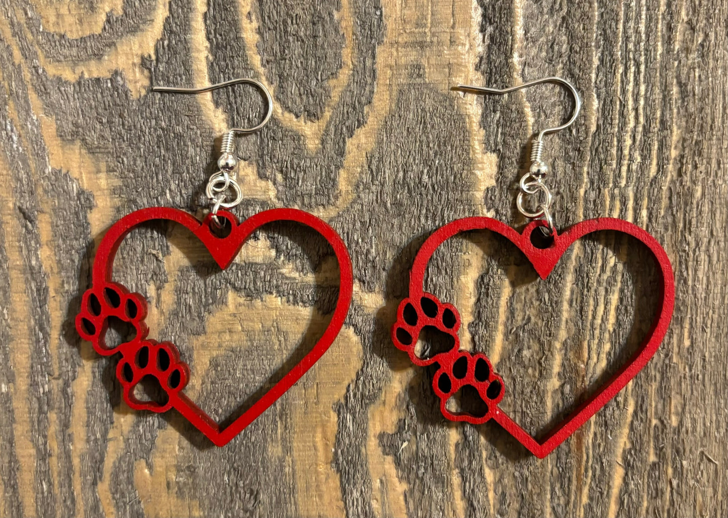 Heart w/Paws Wood Earrings, Red