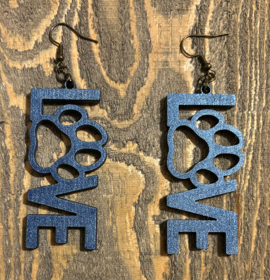 Love Paw Wood Earrings, Metallic Blue