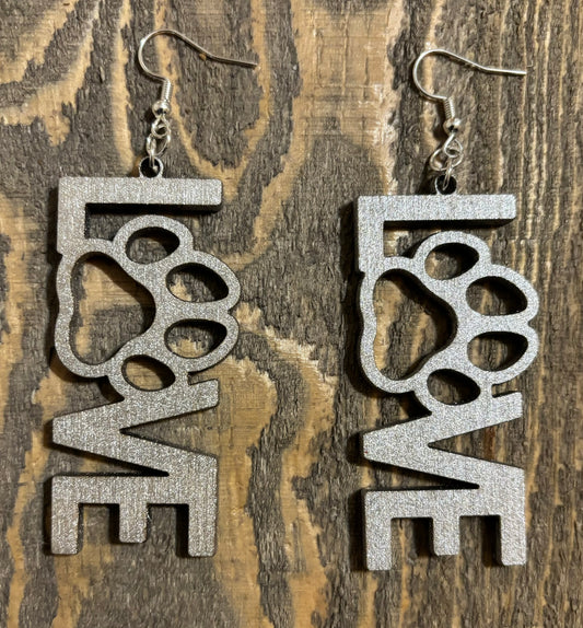 Love Paw Wood Earrings, Metallic Silver