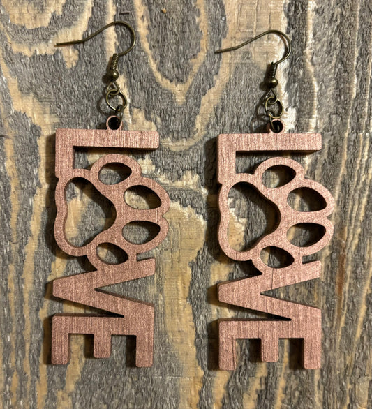 Love Paw Wood Earrings, Metallic Copper