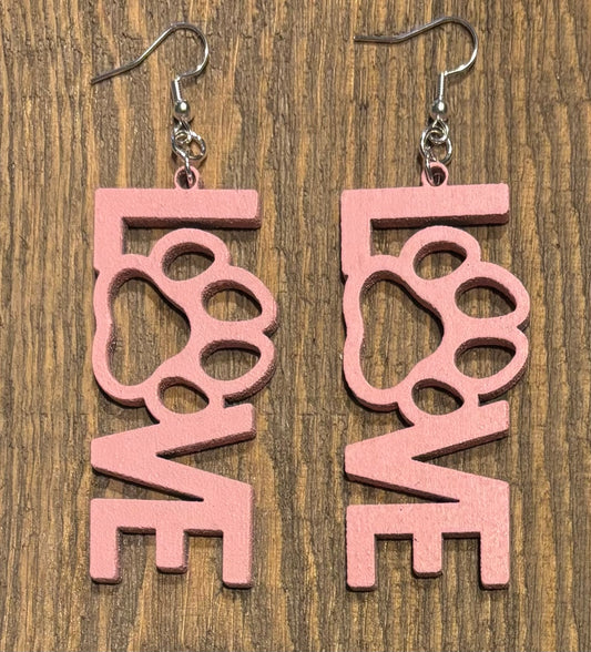 Love Paw Wood Earrings, Candy Pink