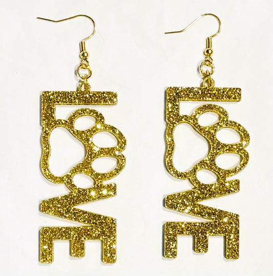 Love Paw Acrylic Earrings, Gold Glitter