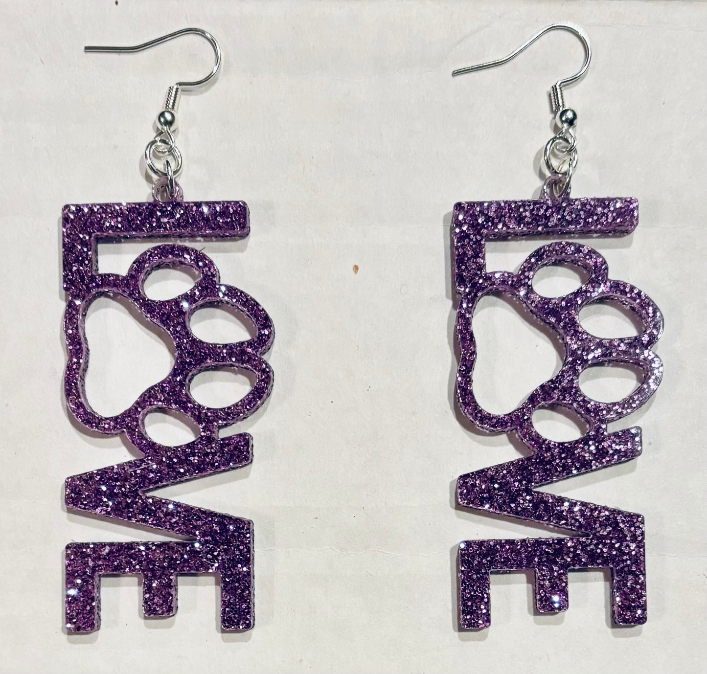 Love Paw Acrylic Earrings, Lavender Glitter