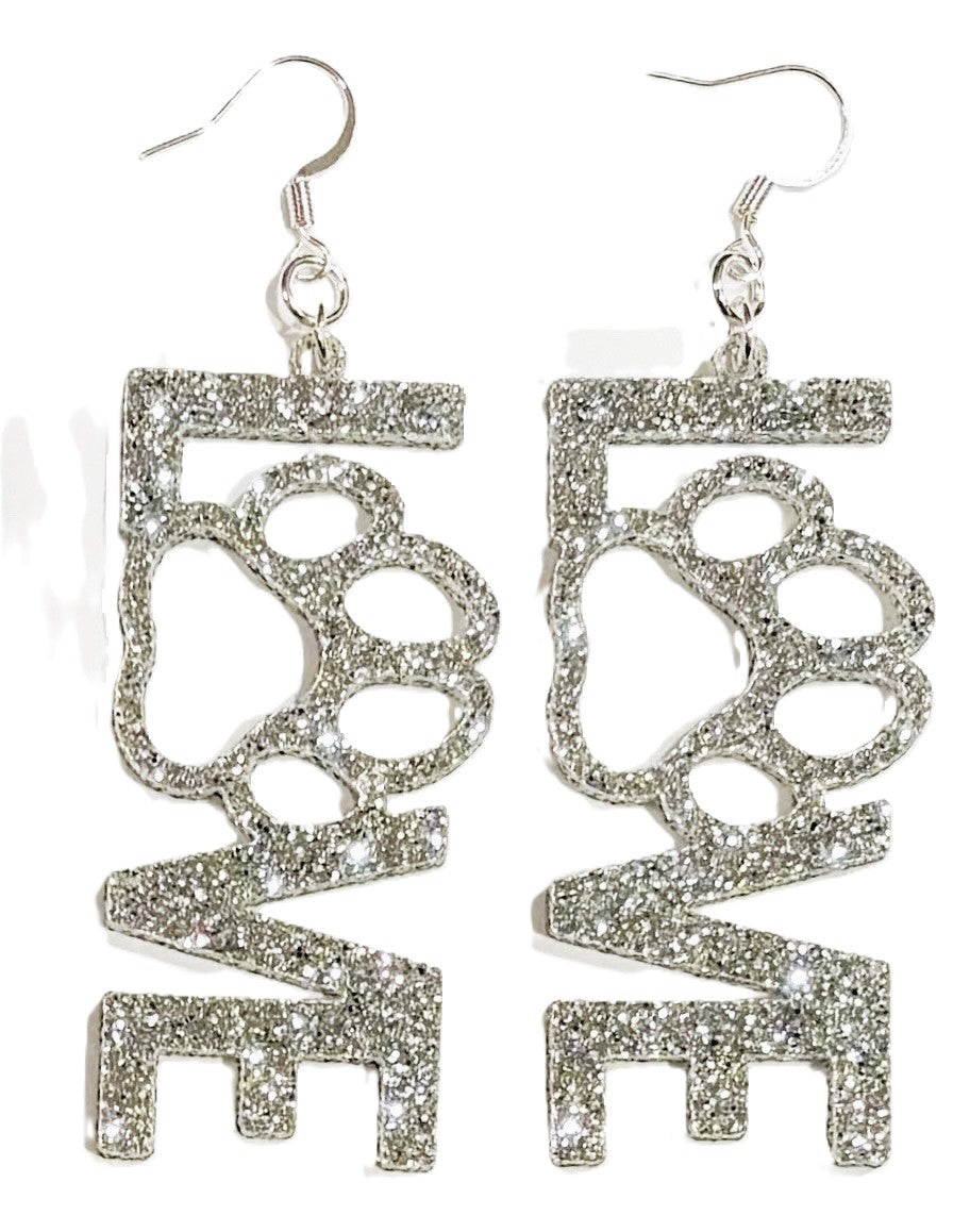 Love Paw Acrylic Earrings, Silver Glitter