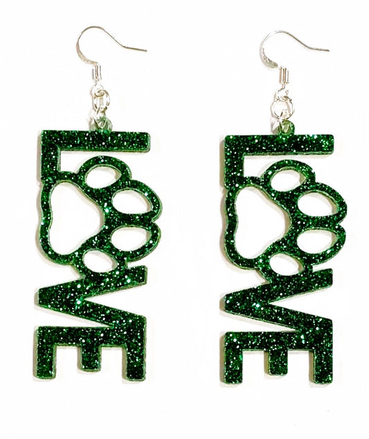 Love Paw Acrylic Earrings, Ivy Green Glitter