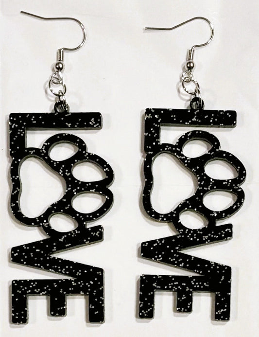 Love Paw Acrylic Earrings, Black Glitter