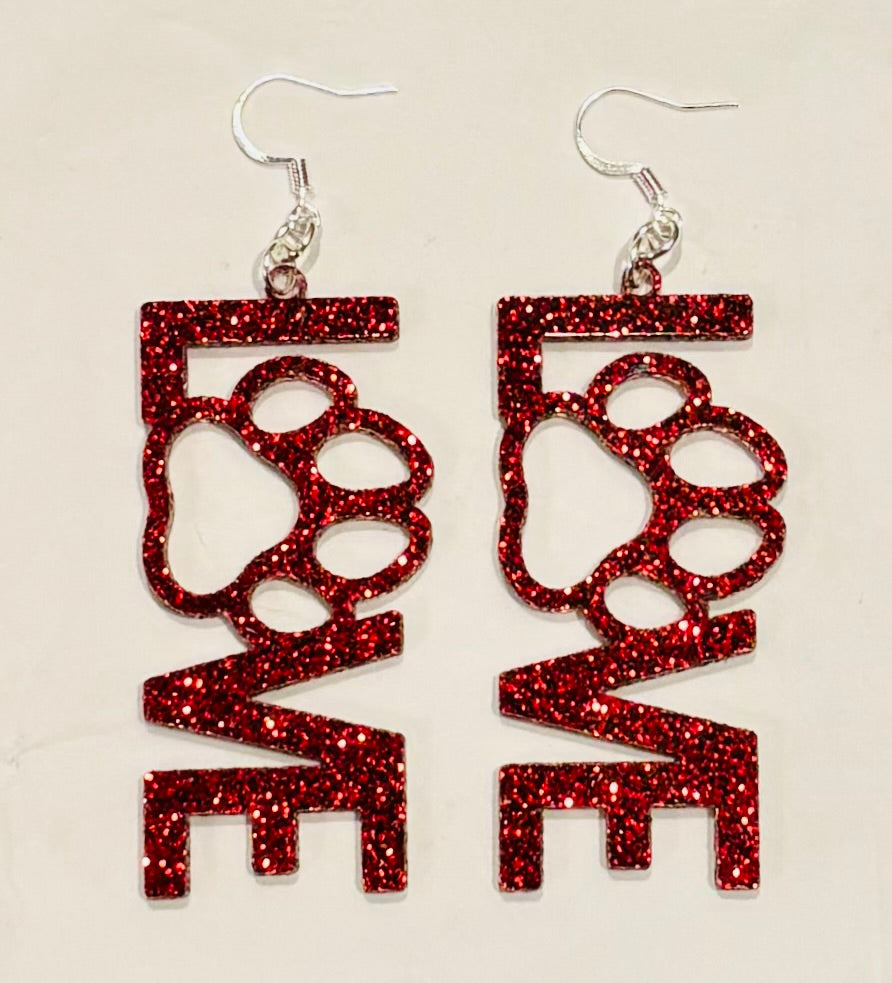 Love Paw Acrylic Earrings, Scarlet Red Glitter