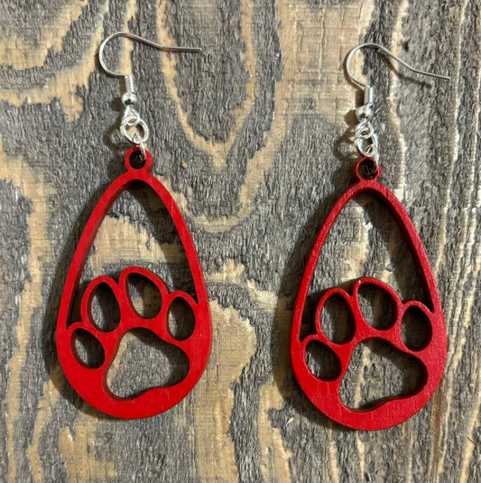 Teardrop Paw Wood Earrings, Red