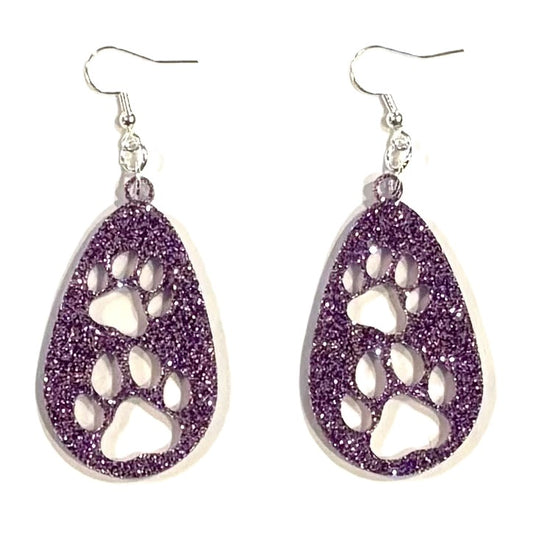 Teardrop Paw (2) Acrylic Earrings, Lavender Glitter