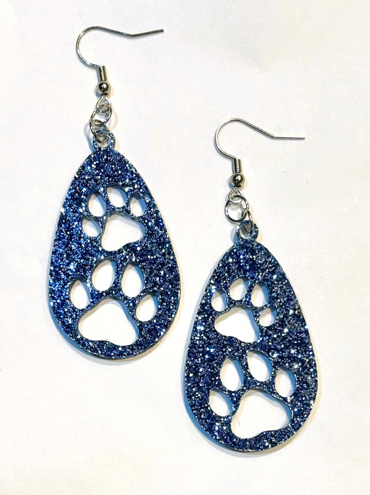 Teardrop Paw (2) Acrylic Earrings, Galaxy Blue Glitter