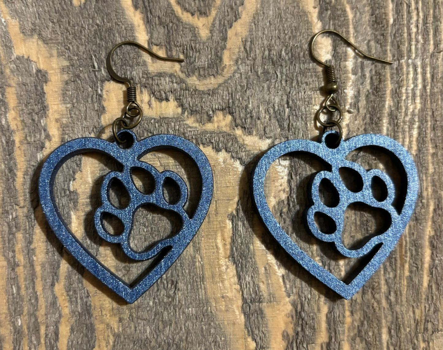 Paw in Heart Wood Earrings, Metallic Blue