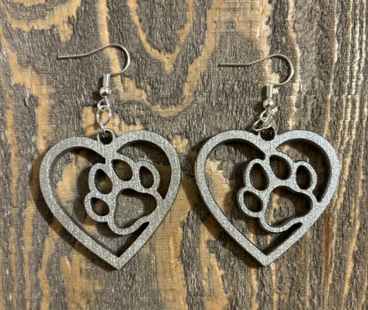 Paw in Heart Wood Earrings, Metallic Silver