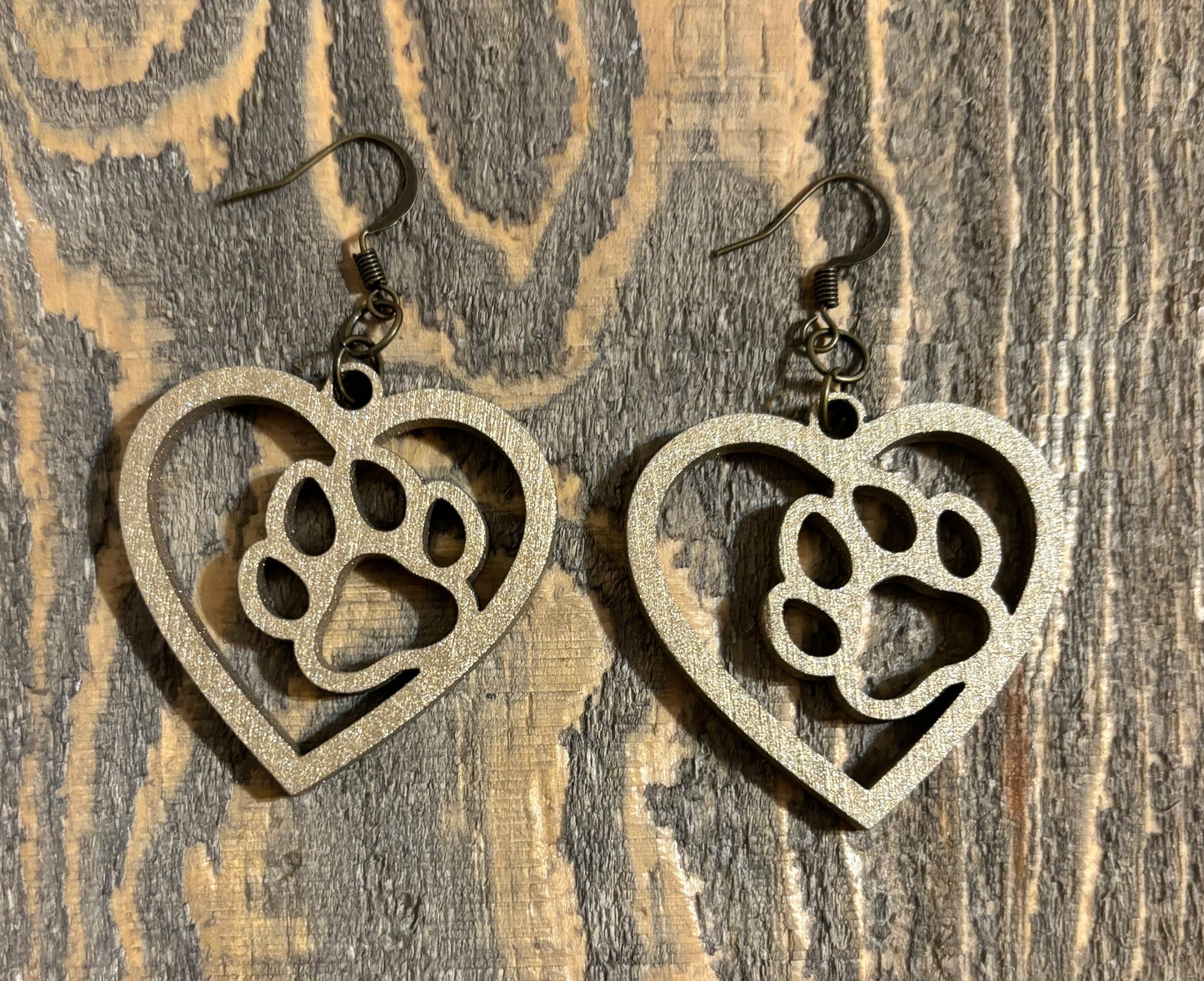 Paw in Heart Wood Earrings, Metallic Old Gold