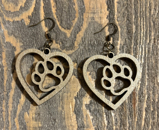 Paw in Heart Wood Earrings, Metallic Old Gold