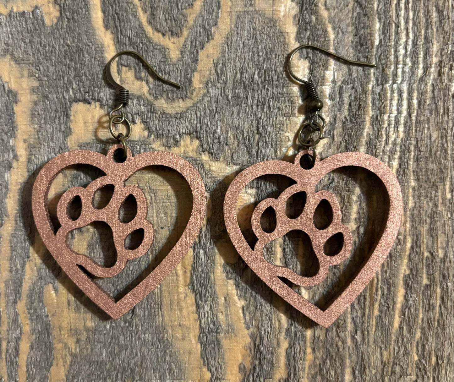 Paw in Heart Wood Earrings, Metallic Copper