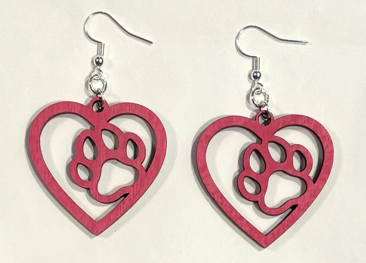 Paw in Heart Wood Earrings, Pink