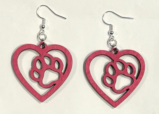 Paw in Heart Wood Earrings, Pink