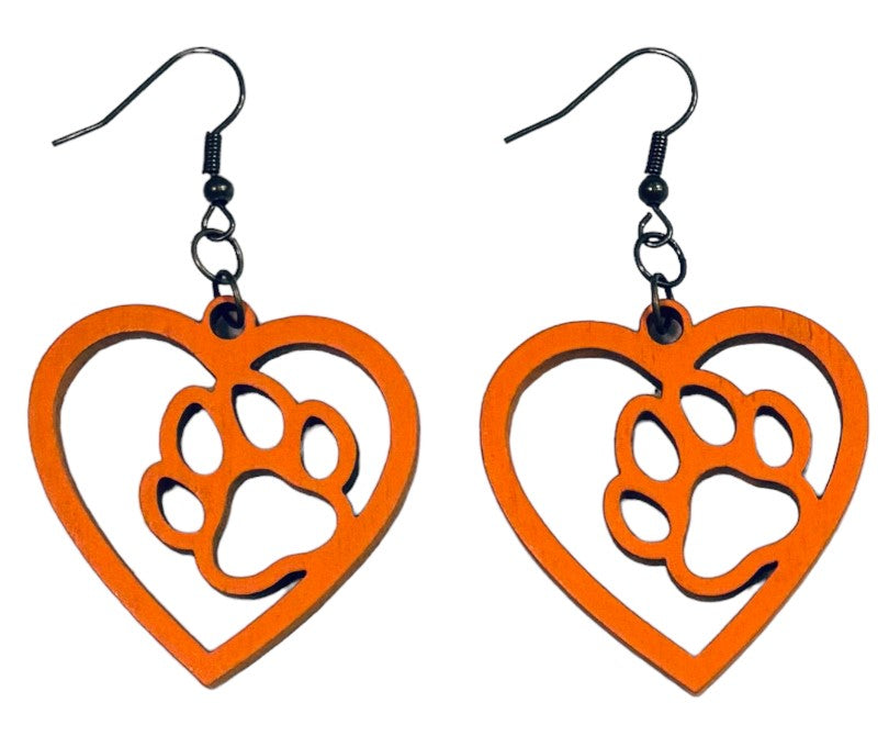 Paw in Heart Wood Earrings, Orange