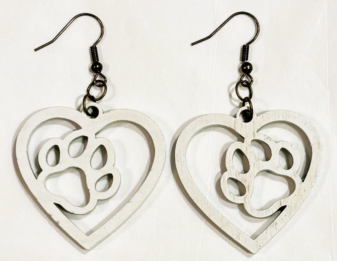 Paw in Heart Wood Earrings, White