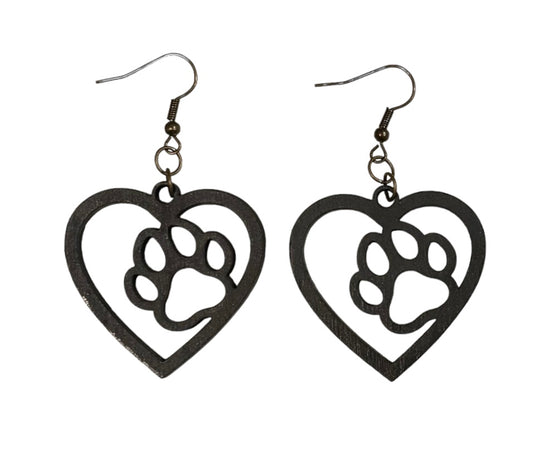 Paw in Heart Wood Earrings, Black