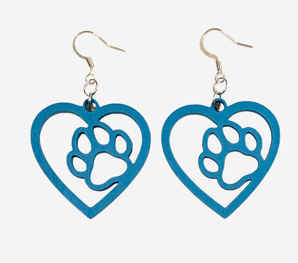 Paw in Heart Wood Earrings, Oasis Blue