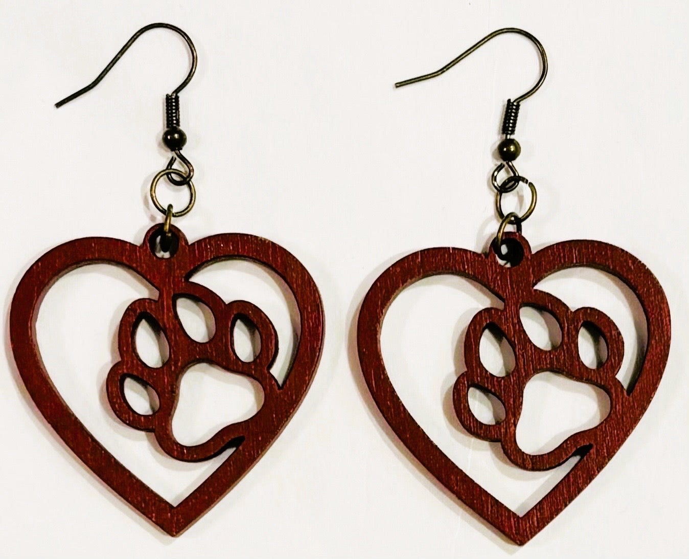 Paw in Heart Wood Earrings, Maroon